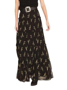 Ba&sh Margarita Black Floral Tiered Georgette Midi Skirt Womens Size 3 US 8
